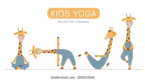 Vector set of cartoon giraffes in yoga poses. Cute animals kids characters. 