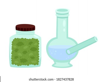 Vector set of cartoon glass bong, jar with marijuana for smoking cannabis isolated on white.
