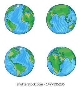 Vector Set of Cartoon Globe Illustrations. 4 different Foreshortening of Earth Planet.