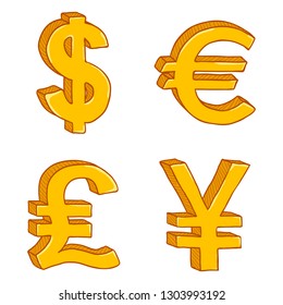 Vector Set of Cartoon Gold Currency Signs. US Dollar, Euro, Turkish Lira and Japanese Yen.