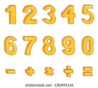 Vector Set of Cartoon Gold Numbers and Mathematical Signs. Arabic Figures From One till Nine.