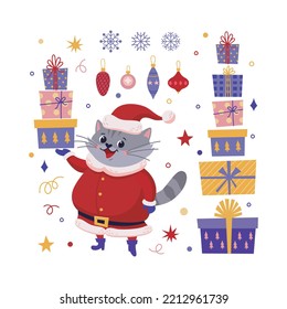Vector set of cartoon gray cat in Santa Claus costume with gifts, Christmas toys, snowflakes. Happy New Year, Merry Christmas, symbol of the year 2023 concept. Isolated on white background