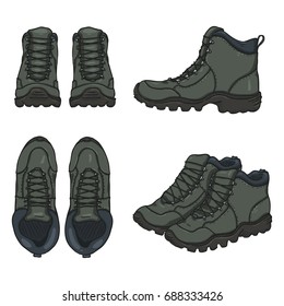 Vector Set of Cartoon Gray Extreme Hiking Boots. Variations of View.