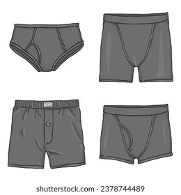 Vector Set of Cartoon Gray Mens Pants. Male Underwear. Different types of Underclothing.