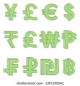 Vector Set of Cartoon Green Currency Symbols