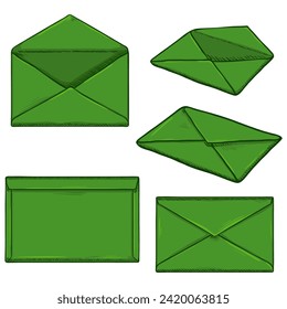 Vector Set of Cartoon Green Envelopes. Open and Sealed.