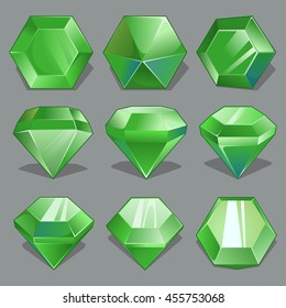 Vektorillustration Set von Cartoon-grünen Edelsteinen in verschiedenen Perspektiven. 
