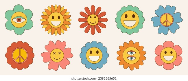 Vector set of cartoon groovy daisy flowers in trendy retro 70s style.Vector illustration