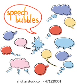 Vector set of cartoon hand drawn speech and thought communication bubbles. Isolated. outline. doodle. Colorful.