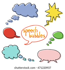 Vector set of cartoon hand drawn speech and thought communication bubbles. Isolated. outline. doodle. Colorful.