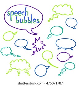 Vector set of cartoon hand drawn speech and thought communication bubbles. Isolated. outline. doodle. Colorful.