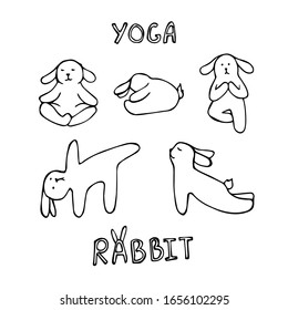 vector set of cartoon hand-drawn rabbits in yoga poses. the words "yoga" and" rabbit " are isolated on a white background.