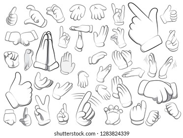 Vector set of cartoon hands with many gestures. Big collection isolated on white background.