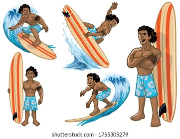 vector of set cartoon hawaiian man surfer