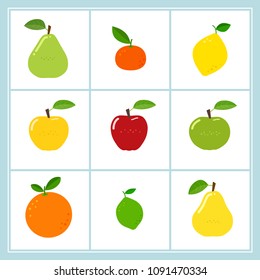 Vector set of cartoon healthy fruit icons isolated on white background 