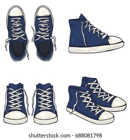 Vector Set of Cartoon High Blue Gumshoes. Side, Top and Front Views.