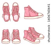 Vector Set of Cartoon High Pink Gumshoes. Side, Top and Front Views.