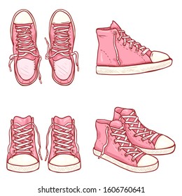 Vector Set of Cartoon High Pink Gumshoes. Side, Top and Front Views.