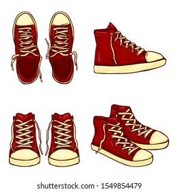 Vector Set of Cartoon High Red Gumshoes. Side, Top and Front Views.