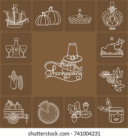 Vector set of  cartoon icons for Thanksgiving day. Collection traditional Fall and Thanksgiving elements.