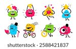 Vector set of cartoon illustration of cute happy smile geometric character with heart, puzzle, winner cup, magnifier and bicycle. Flat style child doodle design of different abstract kid character set
