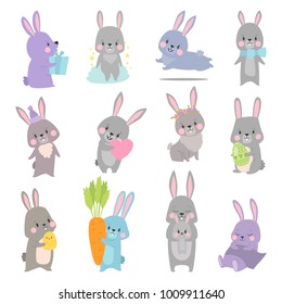 Vector set cartoon illustration of cute rabbit and bunny with carrot, bow, easter egg, heart, chicken, present for card, posters.