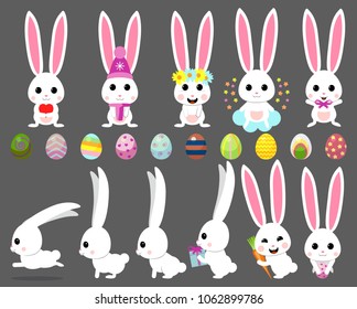 Vector set cartoon illustration of cute rabbit and bunny with carrot, bow, easter egg, heart, chicken, present for card, posters.