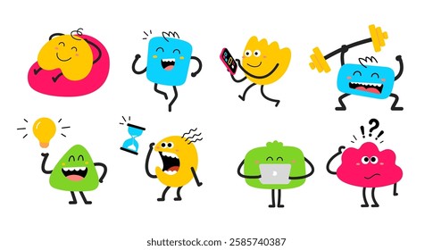 Vector set of cartoon illustration of cute happy smile geometric character with laptop, light bulb, phone, clock and barbell. Flat style child doodle design of different abstract kid character set