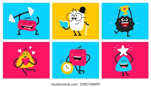 Vector set of cartoon illustration of cute abstract kid character with heart, winner cup, star, clock, book and barbell. Flat style child doodle design of different happy smile geometric character set