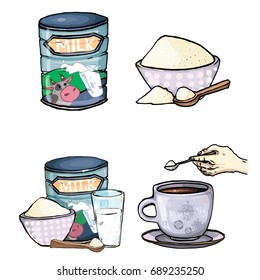 Vector set of cartoon illustration of milk powder in a closed aluminum can and poured into a bowl, a glass of prepared instant milk and the addition of milk powder into a cup of tea, coffee