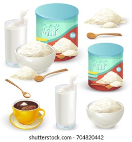 Vector set of cartoon illustration of milk powder in a closed aluminum can and poured into a bowl, a glass of prepared instant milk and the addition of milk powder into a cup of tea, coffee.