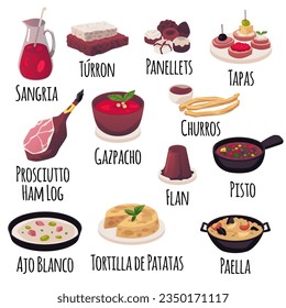 Vector set cartoon illustration of National spanish cuisine with titles. Pisto, Panellets, Sangria, Prosciutto hamlog are traditional spanish food. Gazpacho, tapas, flan and paella, churros, turron.