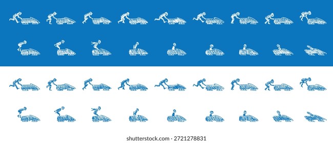 Vektorgrafik der Zeichentrickgrafik. Phasen des Sprungs der Linie Kunst Doodle bobsledder blauen Mann in Bobfahren und reitet weißen Schneeberg. Konzept des Winter-Extremsportwettbewerbs, Bobfahren, gewinnen