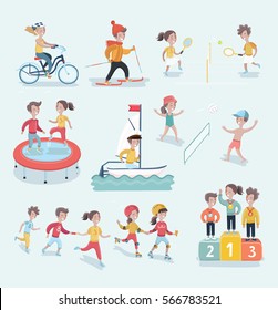 Vector set cartoon  illustration of sports and fitness kids. tennis, football. Relay, riding on skis, winners podium, jumping on a trampoline, sailing, beach volleyball, roller skating, cycling