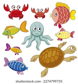 vector set of cartoon illustration of the underwater world with crabs, different cind of fishes, octopus, turtle isolated on white background