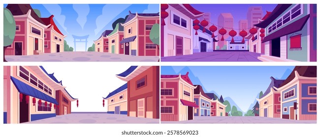Vector set of cartoon illustrations of Chinese street in daytime, nighttime and isolated. Traditional houses with lanterns reflecting the culture and architectural style. Background landscape.
