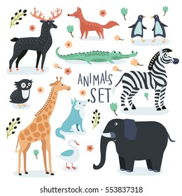 Vector set of cartoon illustrations of cartoon funny cute animals in vintage color