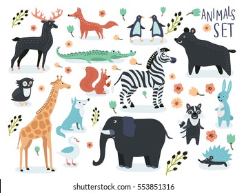 Vector set of cartoon illustrations of cartoon funny cute animals