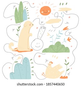 Conjunto vectorial de ilustraciones de dibujos animados para la habitación de los niños, afiche o tarjeta de saludo. Perro, pollo, sol y árboles y flores mágicos. Patio de cultivo
