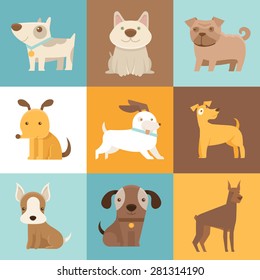 Vector set of cartoon illustrations in simple flat style - funny and friendly dogs and puppies