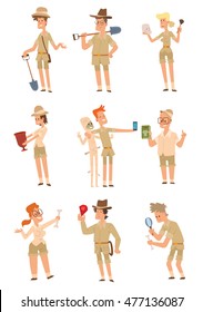 Vector set of cartoon images of archaeologists men and women of different ages in different poses with different attributes in the hands on a white background. Vector illustration of archaeologists.