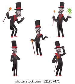 Vector set of cartoon images of Baron Samedi in a black tail coat and a black-red top hat, with different actions and emotions on a white background. Halloween. Vector illustration.