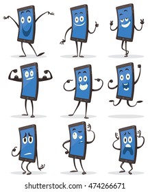 Vector Set Of Cartoon Images Of Black Smartphones With Blue Screens With Arms And Legs With A Variety Of Emotions And Actions On A White Background. Positive Character. Vector Illustration.