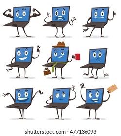 Vector set of cartoon images of black laptops with blue screens, with arms and legs with a variety of emotions and actions on a white background. Positive character. Vector illustration.