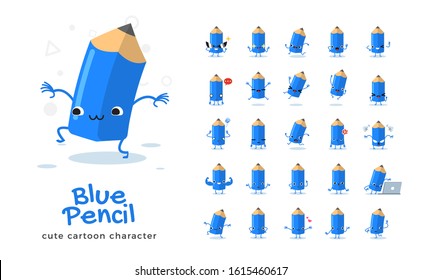 Vector set of cartoon images of Blue pencil. Vector Illustration