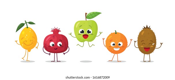 Vector set of cartoon images of cheerful funny fruits lemon, granatum, apple, orange, kiwi on a white background. Emotions, emoji, character.