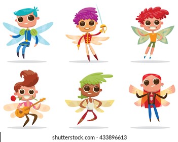 Vector set of cartoon images of cute male fairies with big eyes, butterfly wings and with different hair color on a white background. Positive characters. Vector illustration.