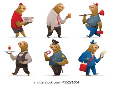 Vector set of cartoon images of cute sloths in different occupations: a pizza deliveryman, office worker, plumber, waiter, policeman and postman on a white background. Parody. Vector illustration.