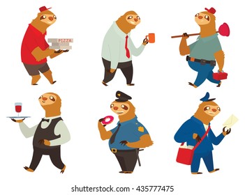 Vector set of cartoon images of cute sloths in different occupations: a pizza deliveryman, office worker, plumber, waiter, policeman and postman on a white background. Parody. Made in flat style.