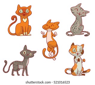 Vector set of cartoon images of cute different cats of different color with different actions and emotions on a white background. Pet. Vector illustration. Positive character. 